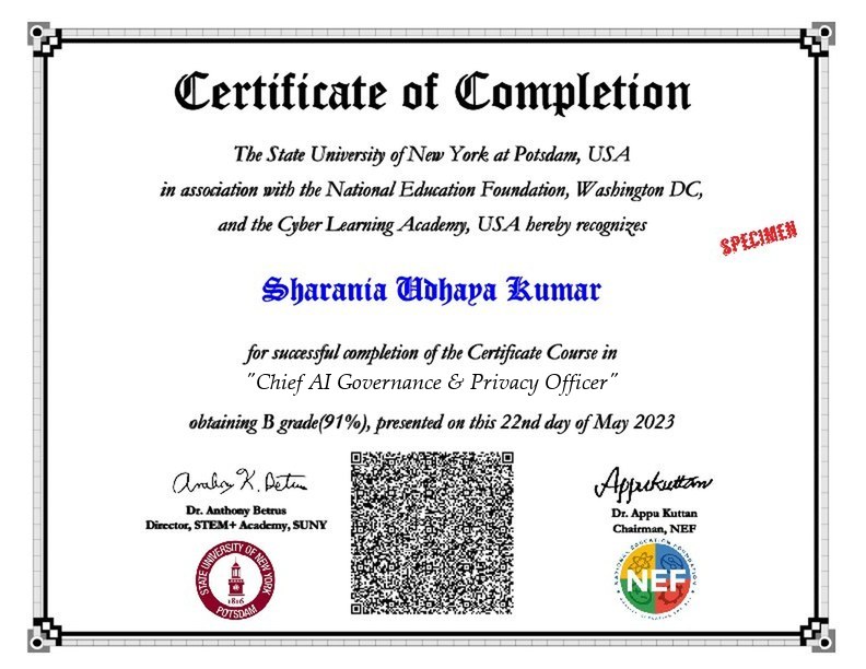 Sample SUNY Potsdam certificate of completion for the Chief AI Governance and Privacy Officer programme, marked specimen, with signatures, a verification QR code and the SUNY Potsdam and NEF seals